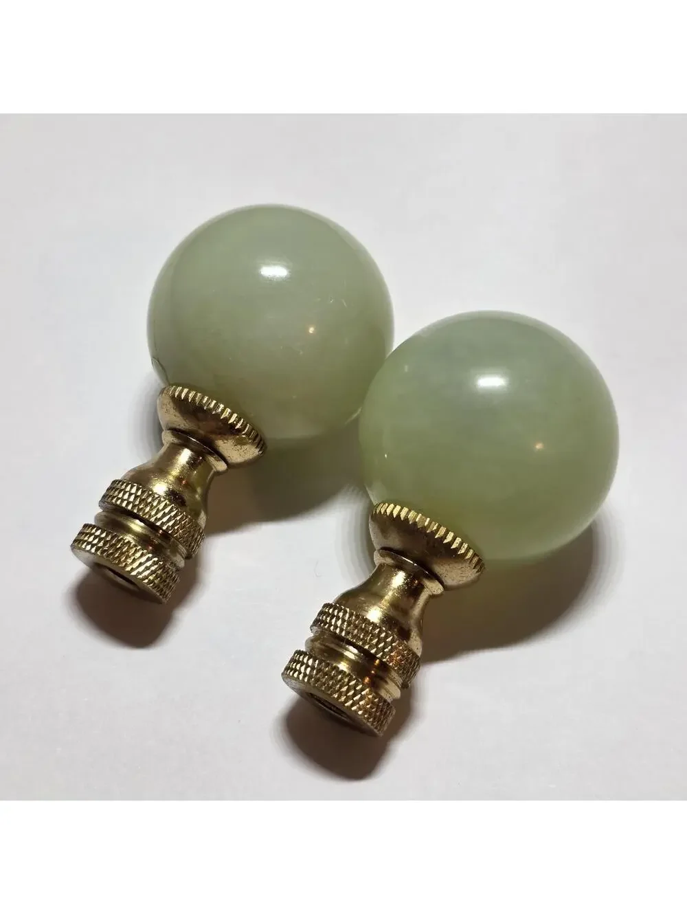 Lot Of 2 Green Jade Gemstone Lamp Finials Polished Brass Base EUC